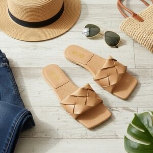 EGO New Rules, Woven Square Toe Flat Slider Sandal in Nude Faux Leather Size 6